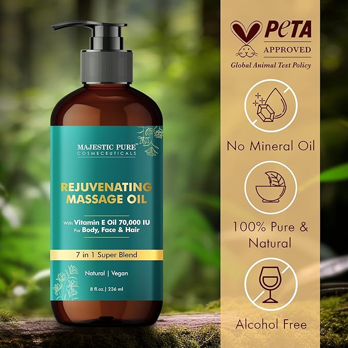 MAJESTIC PURE Vitamin E 70k Blend Massage Oil for Massage Therapy - Refreshing, and Relaxing - Natural Oils with Sweet Almond, Jojoba, Argan & Avocado - for All Skin Types - Men and Women - 8 fl oz-Ruum Studio Home