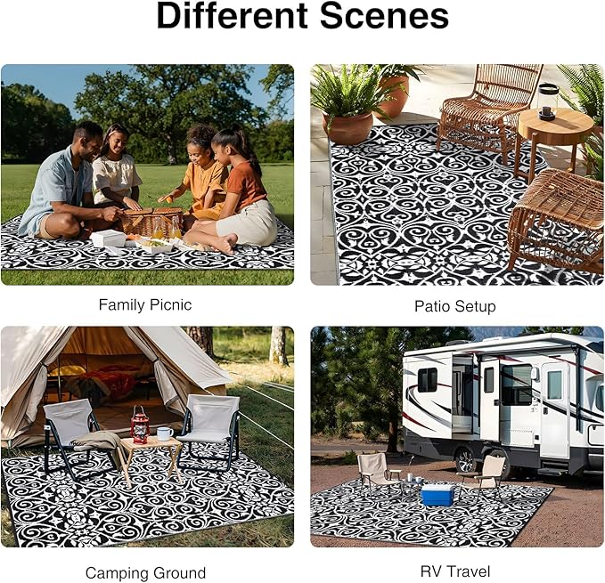 OLANLY Outdoor Rug Waterproof 9x12 ft Clearance, Reversible Outdoor Plastic Straw Rug with Floral Pattern, RV Mat for Patio, Camping, Balcony, Deck, Backyard, Black & White-Ruum Studio Home