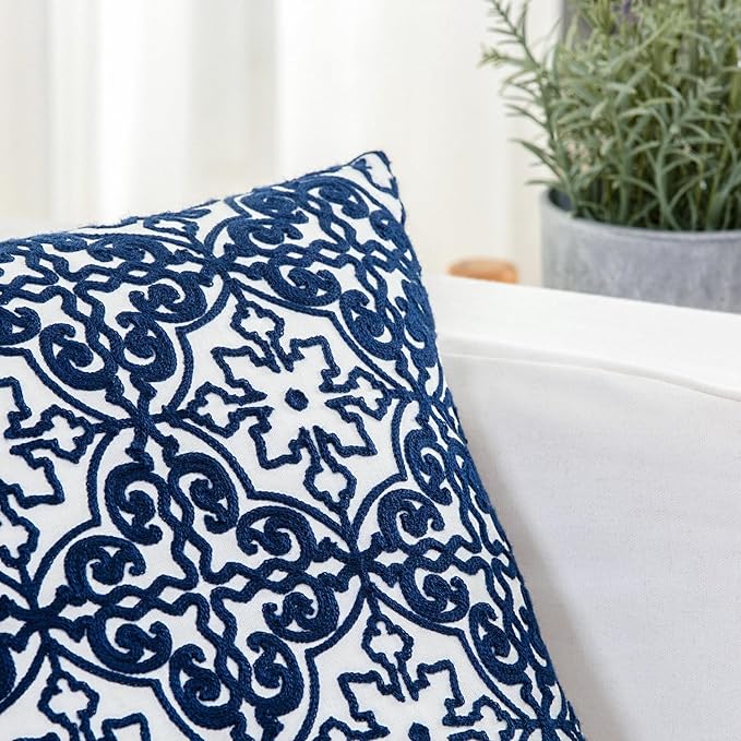 HWY 50 Navy Blue Decorative Throw Pillow Covers 18x18 Inch, Pack of 2 Embroidered Cotton Farmhouse Cushion Cover Pillow Case for Sofa Couch Living Room Bed Bedroon, Modern Pattern-Ruum Studio Home