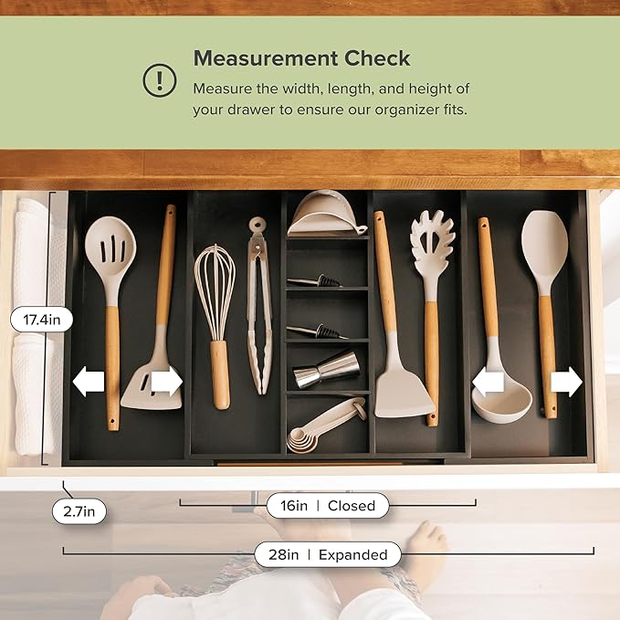 Adjustable Kitchen Drawer Organizer for Utensils and Junk, Food-Safe Contract Grade with 100% Sustainable Wood, Expandable from 16 to 28 Inches Wide - Black Bamboo-Ruum Studio Home