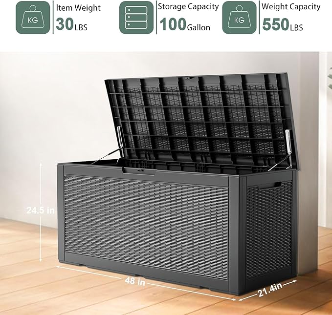 DRATO 100 Gallon Large Deck Box, Outdoor Storage Box for Patio Furniture, Patio Cushions, Gardening Tools, Pool Supplies,660lbs Weight Capacity,Waterproof Resin Storage Boxes-Ruum Studio Home