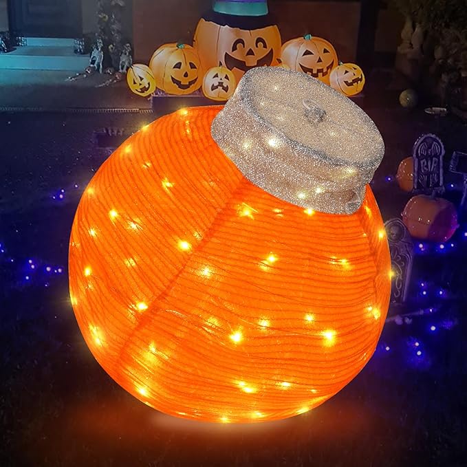 BRIGHTDECK Outdoor Halloween Ornaments, Lighted Pop-Up Outdoor Holiday Ball Decoration with 80 LED Lights, 8 Light Modes, Lighted Collapsible Holiday Decorations for Yard, Home(Orange)-Ruum Studio Home