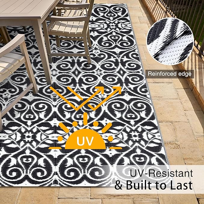 OLANLY Outdoor Rug Waterproof 5x8 ft Clearance, Reversible Outdoor Plastic Straw Rug with Floral Pattern, RV Mat for Patio, Camping, Balcony, Deck, Backyard, Black & White-Ruum Studio Home
