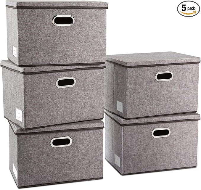 PRANDOM Large Collapsible Storage Containers with Lids [5-Pack] Linen Fabric Foldable Storage Bins Boxes Organizer Baskets Cube with Cover for Home Bedroom Closet Office Nursery (17.7x11.8x11.8)-Ruum Studio Home