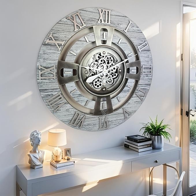 The Gears Clock Real Moving Gear Wall Clock England Line (Silver Grey, 24 inches (60 cm))-Ruum Studio Home