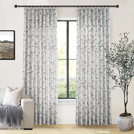 Pinch Pleated Floral Linen Curtains 2 Panels Elegant Light Filtering Privacy Drape,72 Inch Wide by 84 Inch Long Curtains Suitable for Living Rooms and Bedrooms