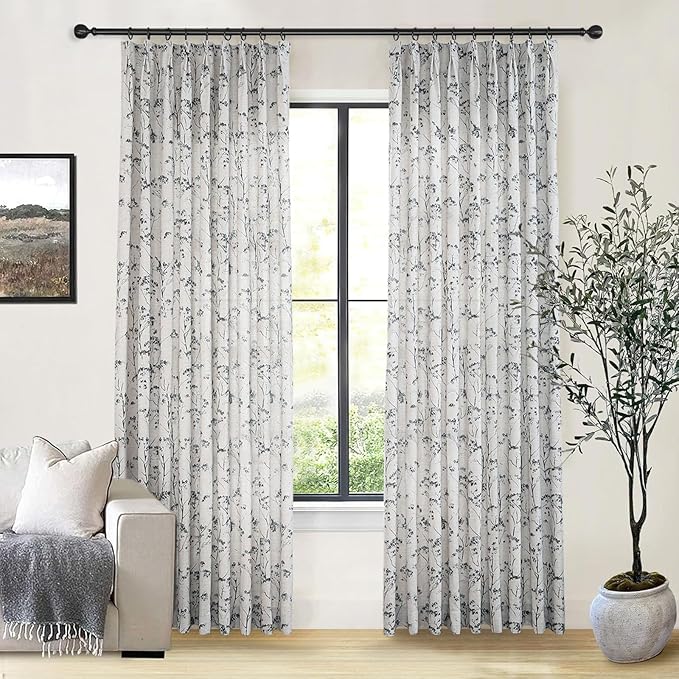 Pinch Pleated Floral Linen Curtains 2 Panels Elegant Light Filtering Privacy Drape,84 Inch Wide by 96 Inch Long Curtains Suitable for Living Rooms and Bedrooms-Ruum Studio Home