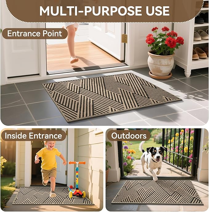 Front Door Mat Outside Entrance, Non Slip Rubber Backing, Trap Dirt and Moisture, Easy Clean Low Profile Welcome Floor Mats for Patio Porch Indoor Outdoor Entry Mat, 24x35 Inch, Brown-Ruum Studio Home