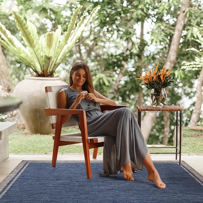 CAMILSON Outdoor Rug, 8x10 Bordered Navy Blue Gray Modern Area Rugs for Indoor and Outdoor Patios, Porches Waterproof Washable Porch Deck Outside Carpet (Bordered Navy, 8 x 10)-Ruum Studio Home