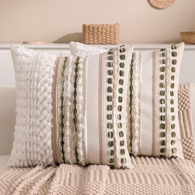 Boho Chenille Tufted Couch Throw Pillow Covers 18x18 Inch Set of 2 Farmhouse Striped Decorative Pillow Covers Accent Neutral Square Pillowcase Green Cushion Covers for Livingroom Sofa Bed-Ruum Studio Home