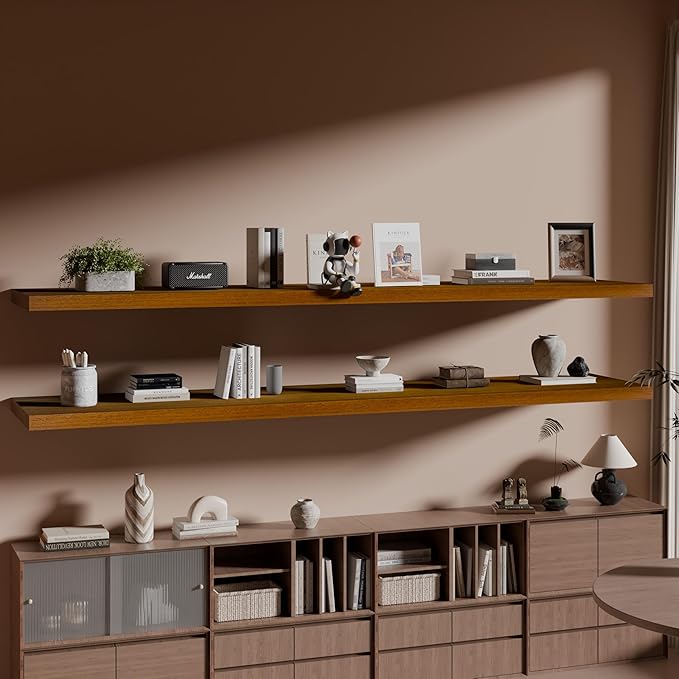 IAE Walnut Floating Wall Shelves 72 inch, Bathroom Shelves Wall Mounted,Invisible Shelves Floating Kitchen Shelves,Wooden Wall Shelves with Brackets for Living Room Wall Mounted,Easy Install,Set of 2-Ruum Studio Home