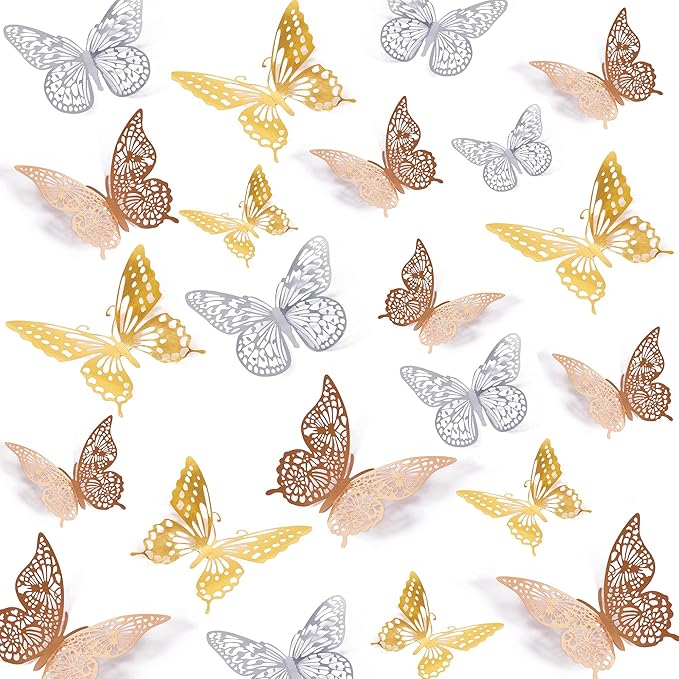 SAOROPEB 3D Butterfly Wall Decor, 72 Pcs 3 Styles 3 Sizes, Removable Metallic Wall Decor Sticker Room Mural Decals for Kids Bedroom Nursery Classroom Party Decoration Wedding Decor DIY Gift (3 Color)-Ruum Studio Home