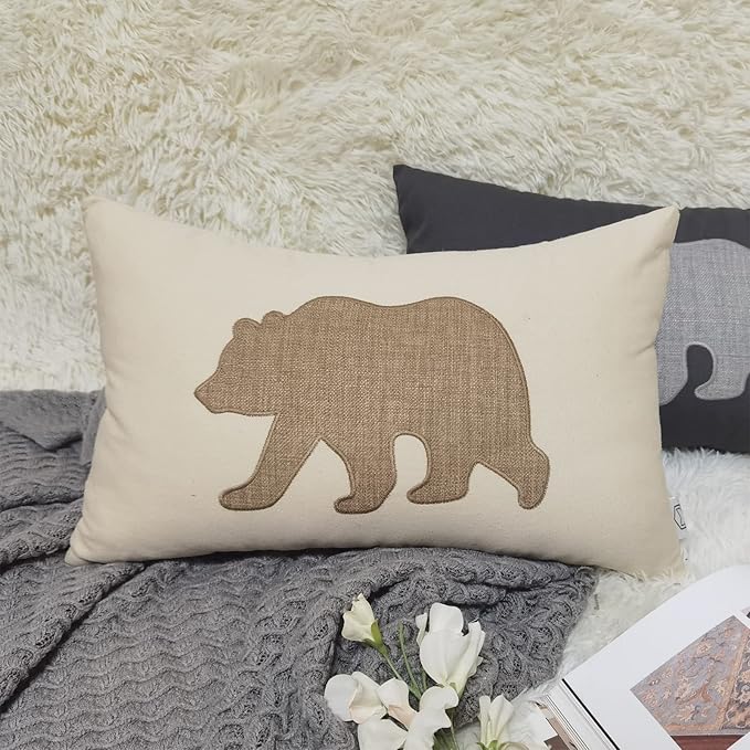 Lumbar Pillow Covers 12x20 Inches Bear Decorative Cotton Linen Throw Lumbar Waist Embroidered Cushions Covers for Couch Sofa Bedroom (Khaki)-Ruum Studio Home