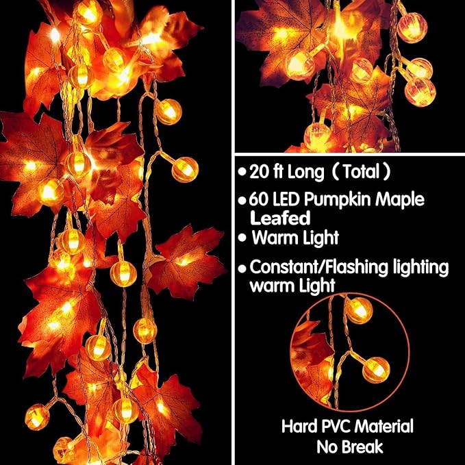 2 Pack Fall Garland with Pumpkin Lights Halloween Decorations Indoor 60 LED 20 Ft Enlarged Maples Leaves Fall Lights Battery Operated Halloween Garland Thanksgiving Decor Home Indoor Outdoor Christmas-Ruum Studio Home