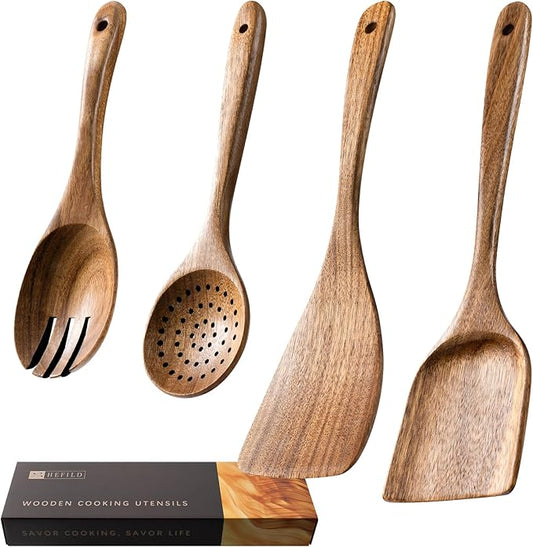 Wooden Spoons for Cooking, Nonstick Cooking Utensil Set with 4 Piece Acacia Wooden Spatulas and Spoons for Cooking, Terrific for Everyday Kitchen Tasks-Ruum Studio Home