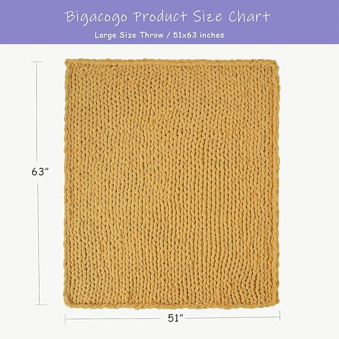 Bigacogo Chunky Knit Throw Blanket for Couch, 51x63 inches, 100% Hand Knitted with Thick Jumbo Chenille Yarn, Cozy Soft Large Rope Knot Cable Crochet Blankets for Sofa Bed Living Room, Mustard Yellow-Ruum Studio Home