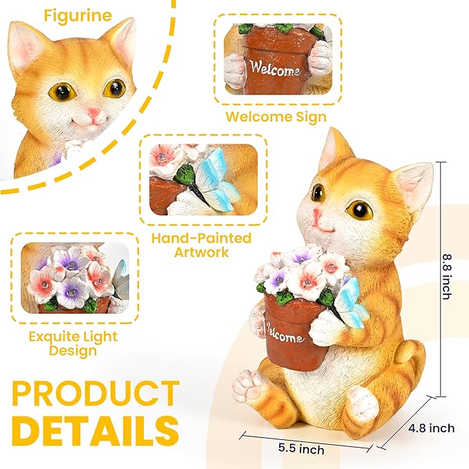 GIGALUMI Solar Garden Decor Flower Pot Cat Statues Outdoor, Birthday Gifts for Women Mom Grandma Senior Elder, Cat Ornament for Balcony, Garden, Patio, Yard, Lawn-Ruum Studio Home