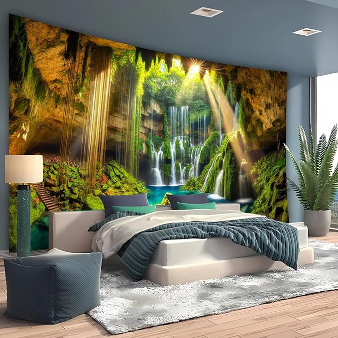 BSFHH Nature Tapestry Forest Tree Sea Cave Wall Hanging, Stream Through Rainforest Landscape Wall Art Tapestry for Bedroom Living room (Cave Waterfall, 110" × 87", Unframed)-Ruum Studio Home