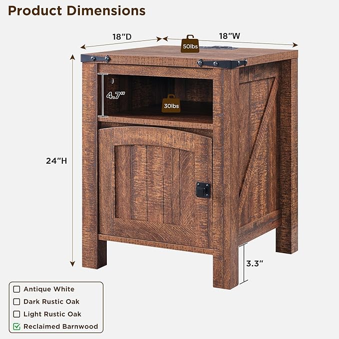 OKD Nightstand with Charging Station Set of 2, 18 Inchs Farmhouse End Table with Adjustable Storage Shelf, Rustic Wood Sofa Side Table for Living Room, Bedroom-Ruum Studio Home