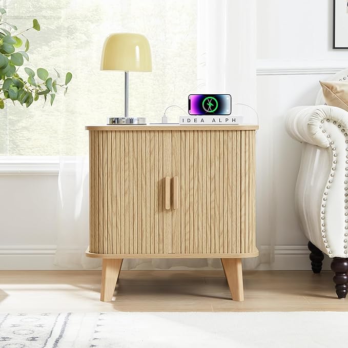 Farmhouse Square End Table with Charging Station, 24" Large Fluted Sofa Side Table with Sliding Tambour Door and Storage, Rustic Curved Wood Nightstand for Living Room, Bedroom, Natural-Ruum Studio Home