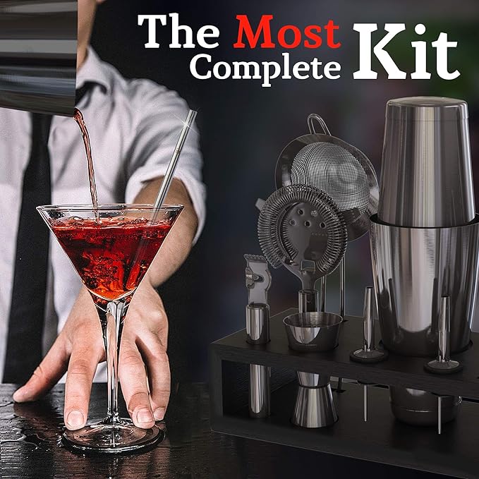Highball & Chaser 13-Piece Gunmetal Black Stainless Steel Boston Cocktail Shaker Bar Tool Set with Mixology Bartender Kit Accessories-Ruum Studio Home