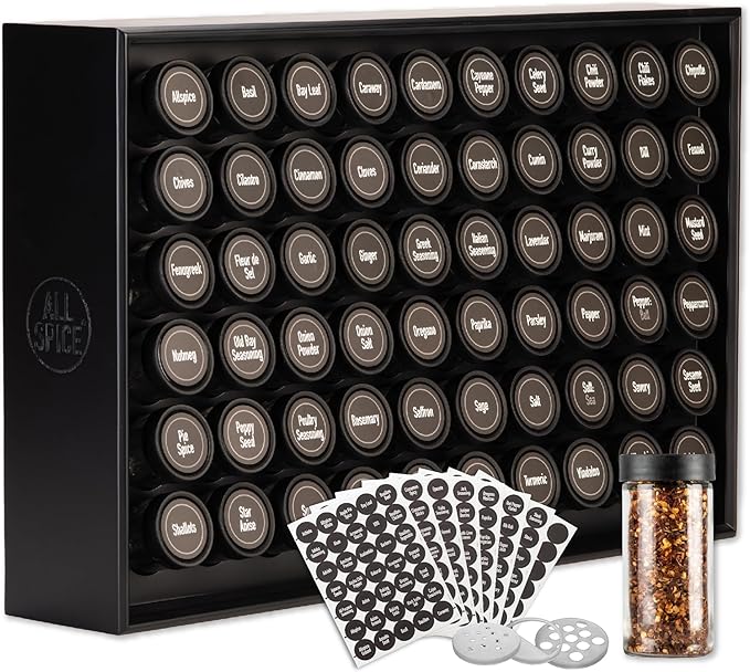 AllSpice Spice Rack Organizer, Wood, 525 Unique Labels, Countertop or Wall Mount, Includes 60 4oz Jars- Matte Black-Ruum Studio Home
