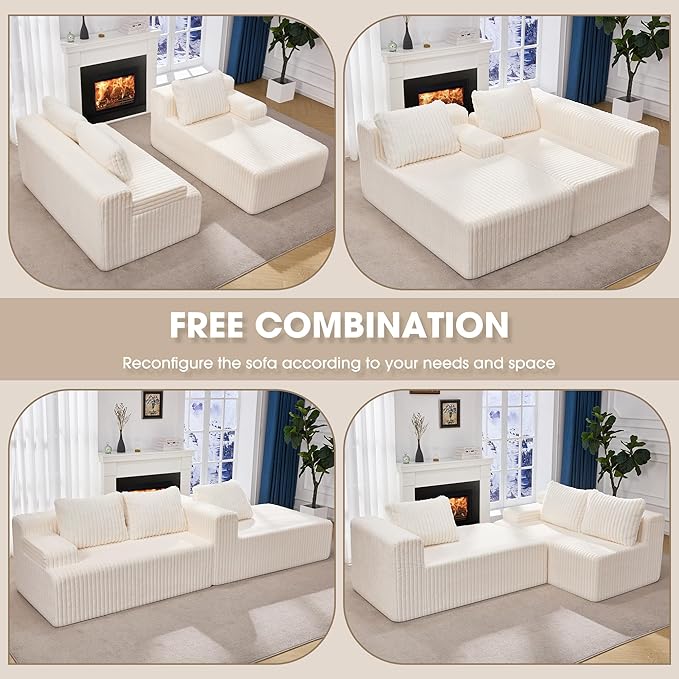 Hobestluk 96“ Modular Sectional Sofa Couches L-Shape Couch 3 Seat Modular Sofa Memory Foam Sectional Couches for Living Room, Cloud Couch with Oversized Chaise (White, Stripe (Right Facing Chaise))-Ruum Studio Home