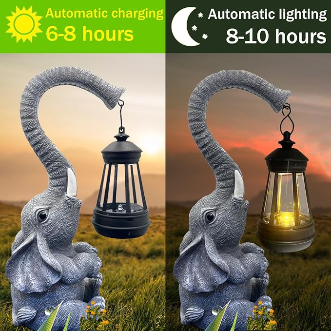 10.6 Inch Statue Elephant with Solar Outdoor Lights for Garden Decor，Lucky Present with Appeal for Birthdays(Man and Women and Family)，Unique Housewarming Presents and Yard Decor. (Gray)-Ruum Studio Home