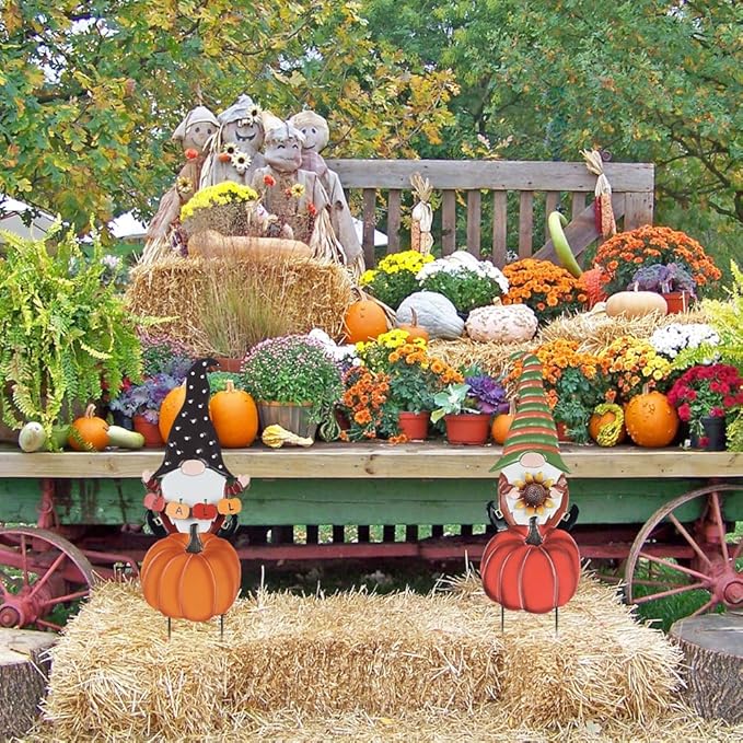 hogardeck Fall Decorations for Home Outdoor, 2 Pcs Metal Gnome Decorative Garden Stakes with Pumpkins for Fall Decor, Yard Signs for Garden Home Lawn Patio Thanksgiving Decorations-Ruum Studio Home