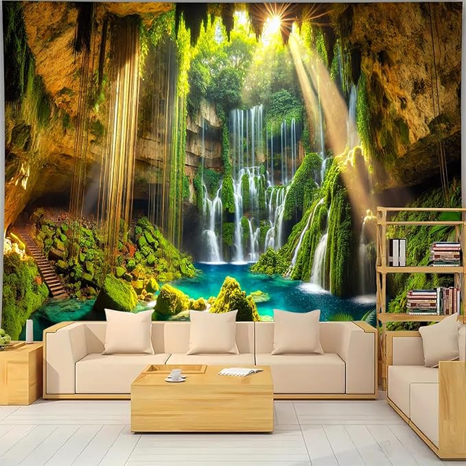 BSFHH Nature Tapestry Forest Tree Sea Cave Wall Hanging, Stream Through Rainforest Landscape Wall Art Tapestry for Bedroom Living room (Cave Waterfall, 110" × 87", Unframed)-Ruum Studio Home