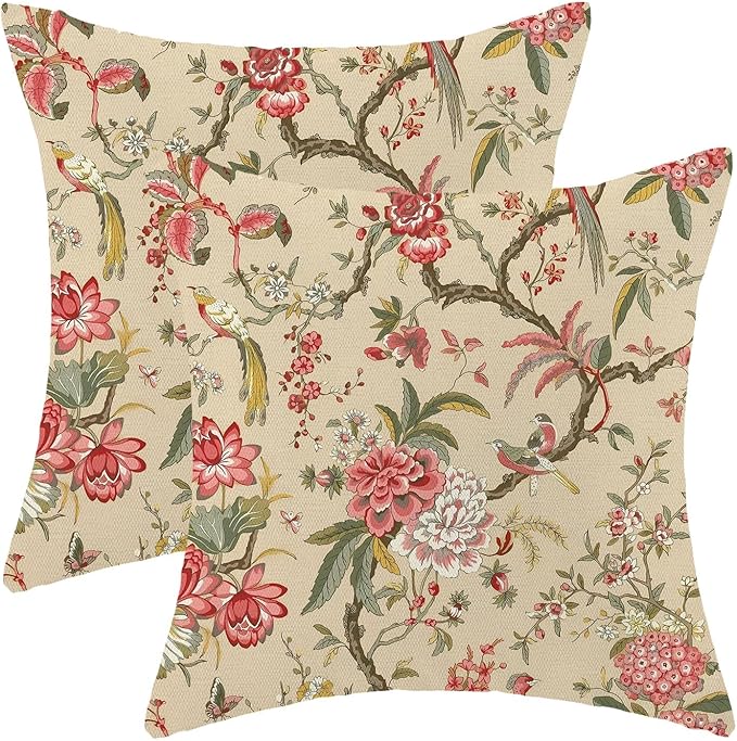 CXMEIFLY Spring Floral Birds Pillow Covers 20 x 20 Inch Set of 2 for Chinoiserie Flowers Decor Throw Pillows Pink Red Plant Outdoor Decorative Cushion Cases for Couch Bed Decorations-Ruum Studio Home