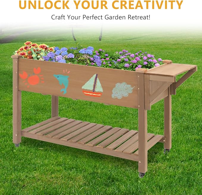 Raised Garden Bed with Lockable Wheels Mobile Elevated Wood Planter,Storage Shelf, Protective Liner,55.5x24x32in (Brown)-Ruum Studio Home