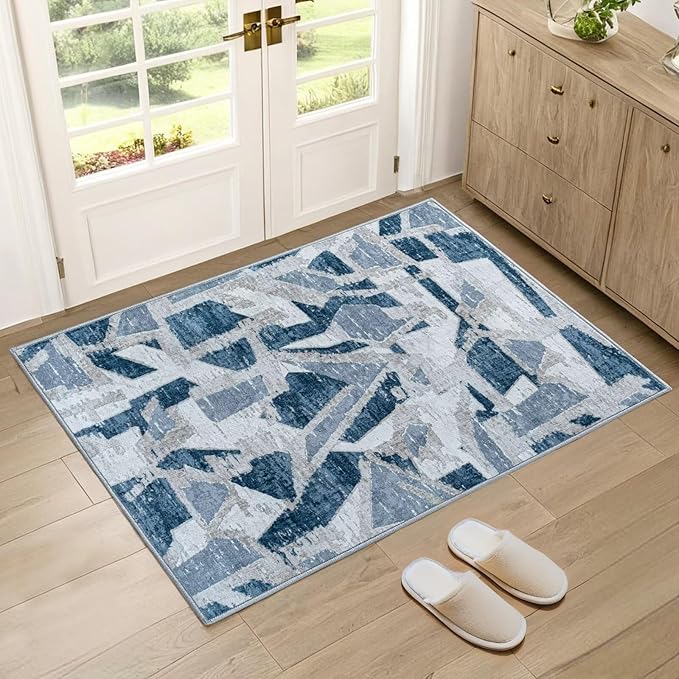 Modern Abstract Door Mat Indoor Entrance 2X3 Blue Rug Washable, Non-Slip Small Rugs for Entryway Bathroom Ultra-Thin, Throw Carpet for Kitchen Bedroom Nursery Kids Print Faux Wool-Ruum Studio Home