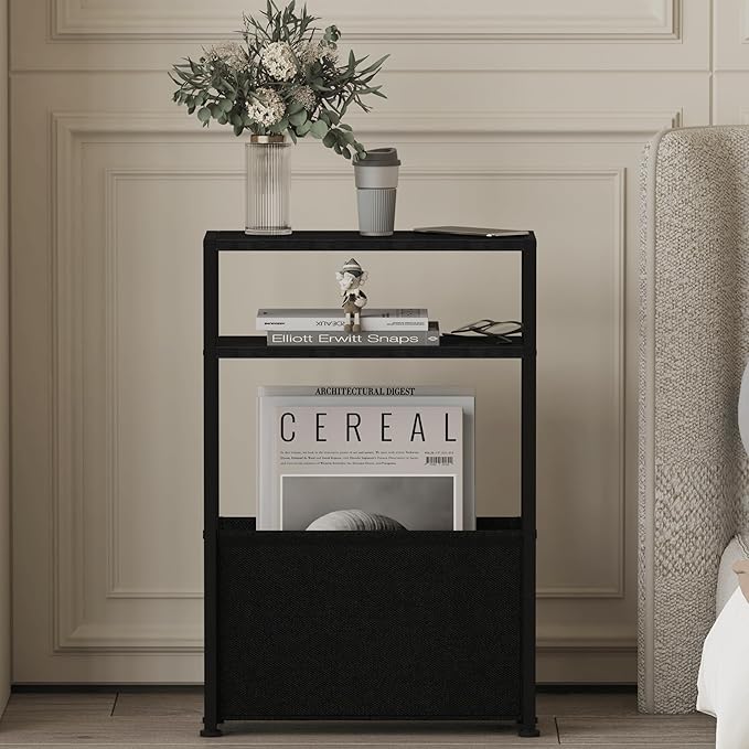 Black Side Table, Slim Side Table with Magazine Rack, Bathroom Table for Small Spaces, Narrow Bedside Table for Living Room, Bedroom-Ruum Studio Home