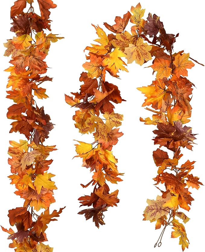DearHouse 2 Pack Fall Maple Leaf Garland - 5.9Ft/Piece Hanging Vine Artificial Autumn Foliage for Thanksgiving, Home, Wedding, Fireplace, Party, Christmas Decor (Light Orange)-Ruum Studio Home