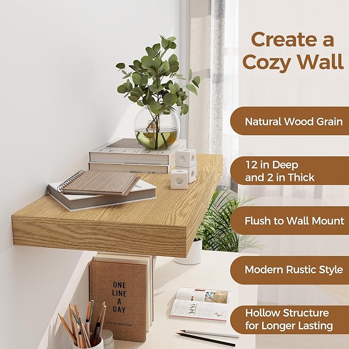 12 Inch Deep Floating Shelves, 24 x 12 Floating Shelf for Books, Rustic Wood Deep Wall Shelves for Home Storage & Display, 2" Thicked Shelves for Kitchen, Living Room, Bedroom, Oak Color, 2 Pack-Ruum Studio Home