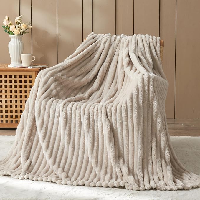 NEWCOSPLAY Super Soft Throw Blanket Linen Premium Silky Flannel Fleece 3D Ribbed Jacquard Lightweight Bed Blanket All Season Use (Linen Ribbed, Throw(50"x60"))-Ruum Studio Home