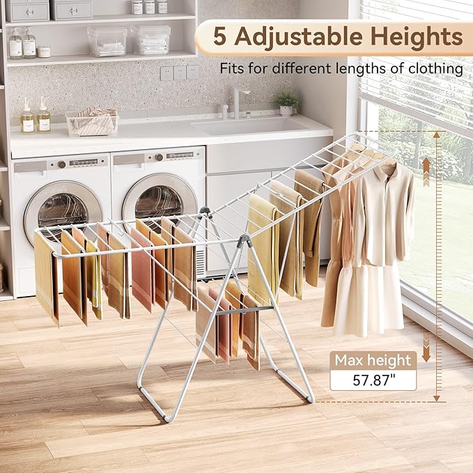 APEXCHASER Clothes Drying Rack, Foldable Drying Rack Clothing, Sturdy Metal Laundry Drying Rack, Height-Adjustable Gullwing, Easy to Fold, Space-Saving, for Indoor Outdoor, White-Ruum Studio Home