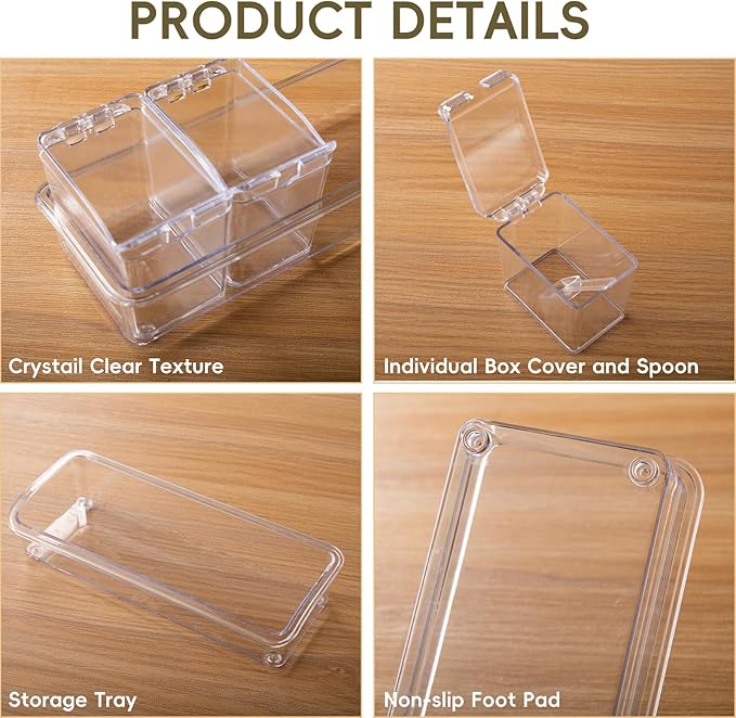 Clear Seasoning Box, 4 Pieces Seasoning Rack Spice Pots, Storage Container Condiment Jars Acrylic Seasoning Box with Covers and Spoons for Spice, Sugar, Salt, Sugar, Cardamon, Cinnamon-Ruum Studio Home
