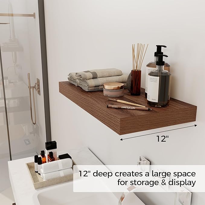 12 Inch Deep Floating Shelves, 24 x 12 Floating Shelf for Books, Rustic Wood Deep Wall Shelves for Home Storage & Display, 2" Thicked Shelves for Kitchen, Living Room, Bedroom, Walnut Color, 2 Pack-Ruum Studio Home