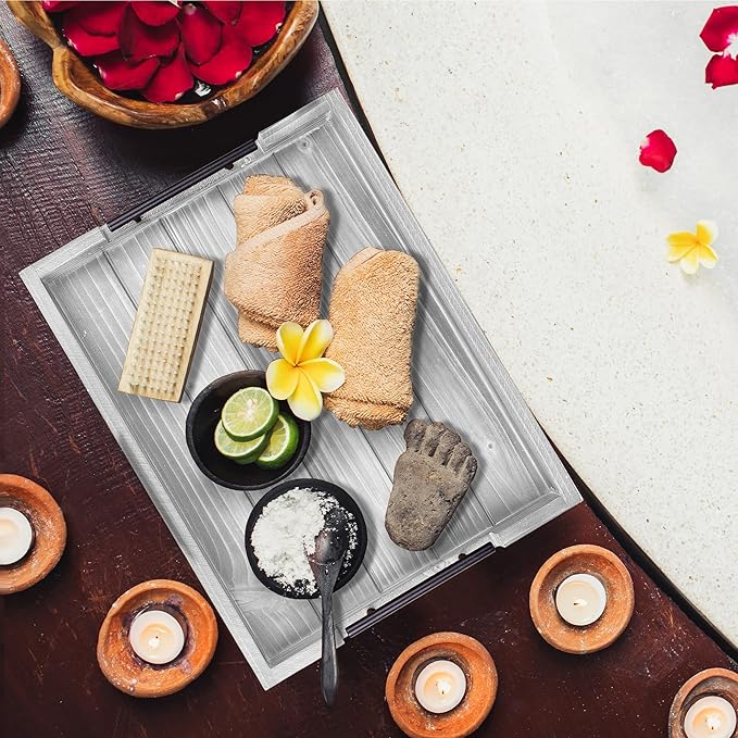 Ottoman Tray | Coffee Table Tray Decorative, Serving Tray with Handles - 17x13 Inch Wood Tray for Coffee Table Tray - with 4 Wooden Coasters -Tray for Ottoman, Breakfast-Ruum Studio Home