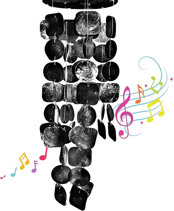 Bellaa 24995 Wind Chimes Outdoor, Garden Decorations, Musical, Indoor/Outside Windchimes, Beach, Ocean Breeze, Gifts for Mom, Gift for All Occasions, Capiz Sea Glass Shells Wood 27 inch Black-Ruum Studio Home