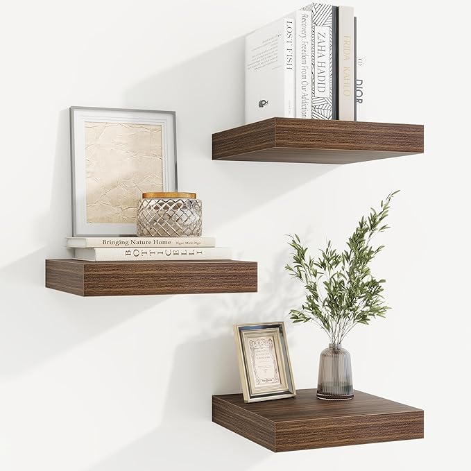 fuqing Floating Shelves for Wall, Bathroom Shelf Wall Mounted for Storage, Shelves with Invisible Bracket for Bedroom, Kitchen, Living Room, Farmhouse Small Book Shelf, 6.5 Inch Set of 3, Walnut-Ruum Studio Home