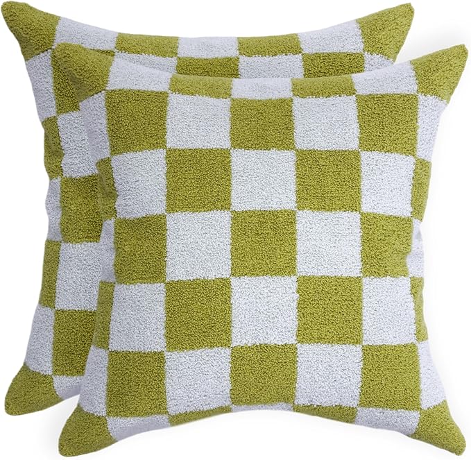 Alysheer Checkered Embroidered Decorative Throw Pillow Covers 18"x 18" Set of 2, Farmhouse Cottage Blue Green Designer Plaid Patterned Cotton Accent Cushion Case for Sofa Couch Bed Living Room-Ruum Studio Home