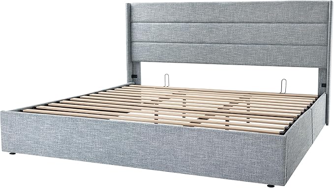 Allewie King Size Lift Up Storage Bed, Modern Wingback Headboard, Hydraulic Support, No Box Spring Needed, Grey Blue-Ruum Studio Home