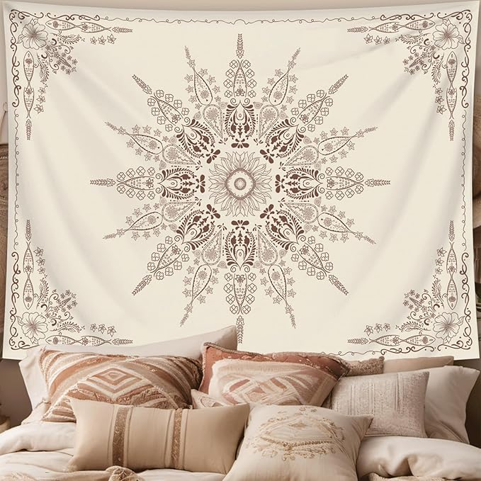 FORATER Floral Bohemian Tapestry, Flower Aesthetic Indian Wall Hanging Boho Tapestries Mandala Room Decor Tapestry for Bedroom Living Room Dorm (Flaxen, 82L x 61W)-Ruum Studio Home