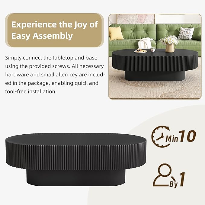43.3" Oval Fluted Coffee Table Modern Elegant Drum End Table, Minimalist Center Table 7.8" Thick Tabletop with Sturdy Base for Living Room, Bedroom, Apartment,Easy Assembly, Black-Ruum Studio Home