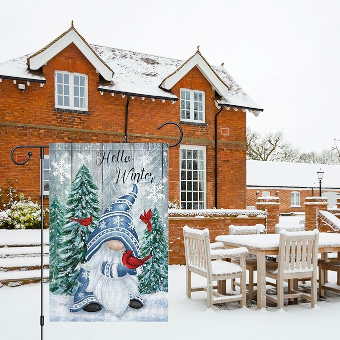 Hello Winter Gnome Garden Flag 12x18 Double Sided Burlap Cardinals Snowflakes Snow Yard Flags for Christmas Seasonal Outside Outdoor House Decoration (ONLY FLAG)-Ruum Studio Home