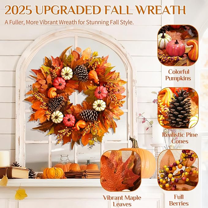 Fall Decor - Fall Wreaths for Front Door Outside, 20 Inch Fall Door Wreath, Handcrafted Autumn Wreath with Colorful Pumpkins Maple Leaves, Fall Decorations for Home Front Door Porch Thanksgiving Decor-Ruum Studio Home