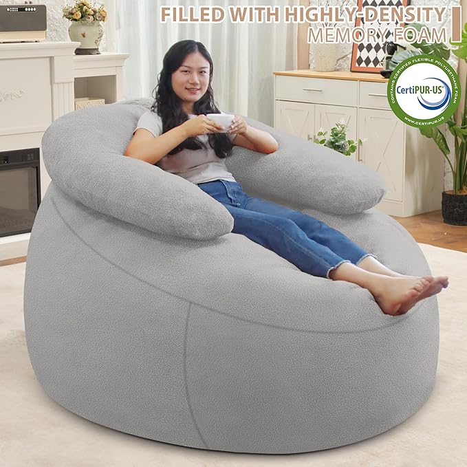 HABUTWAY Bean Bag Chair with U-Shaped Pillow for Adult and Kids Big BeanBag Chair with Filling Ultra Soft Teddy Fleece Couch Chair with Washable Cover for Living Room Bedroom, Light Grey & Light Grey-Ruum Studio Home